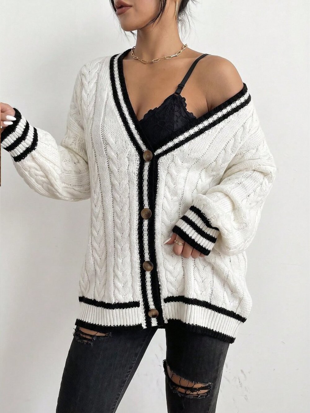 Black and White Casual Women's Oversized V Neck Drop Shoulder Button Cardigan - Picture 5 of 5